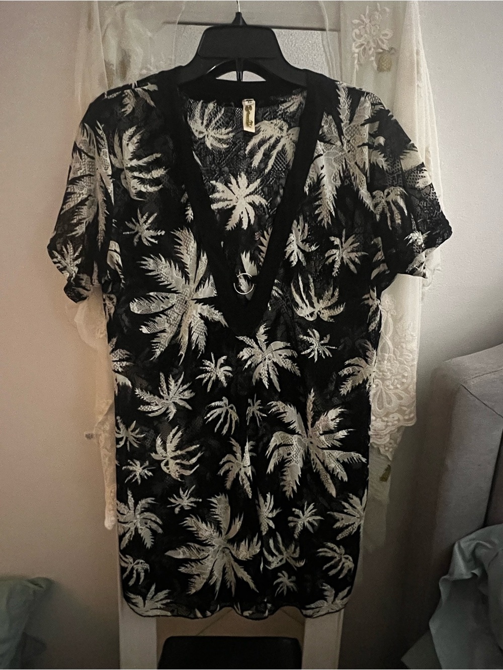 Shoreline Black & White Palm-Print V-Neck Swim Coverup